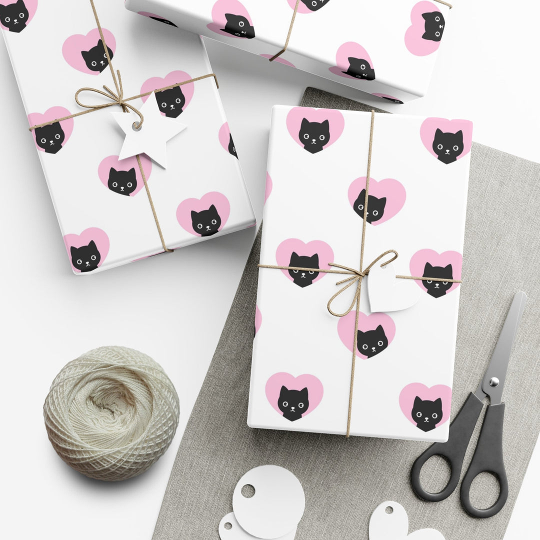Black Cats and Pink Hearts Gift Wrap - Happy Little Kitty