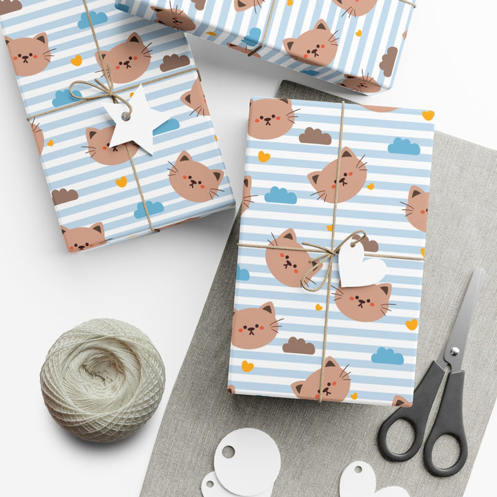 Blue Stripes Cat Gift Wrap - Happy Little Kitty