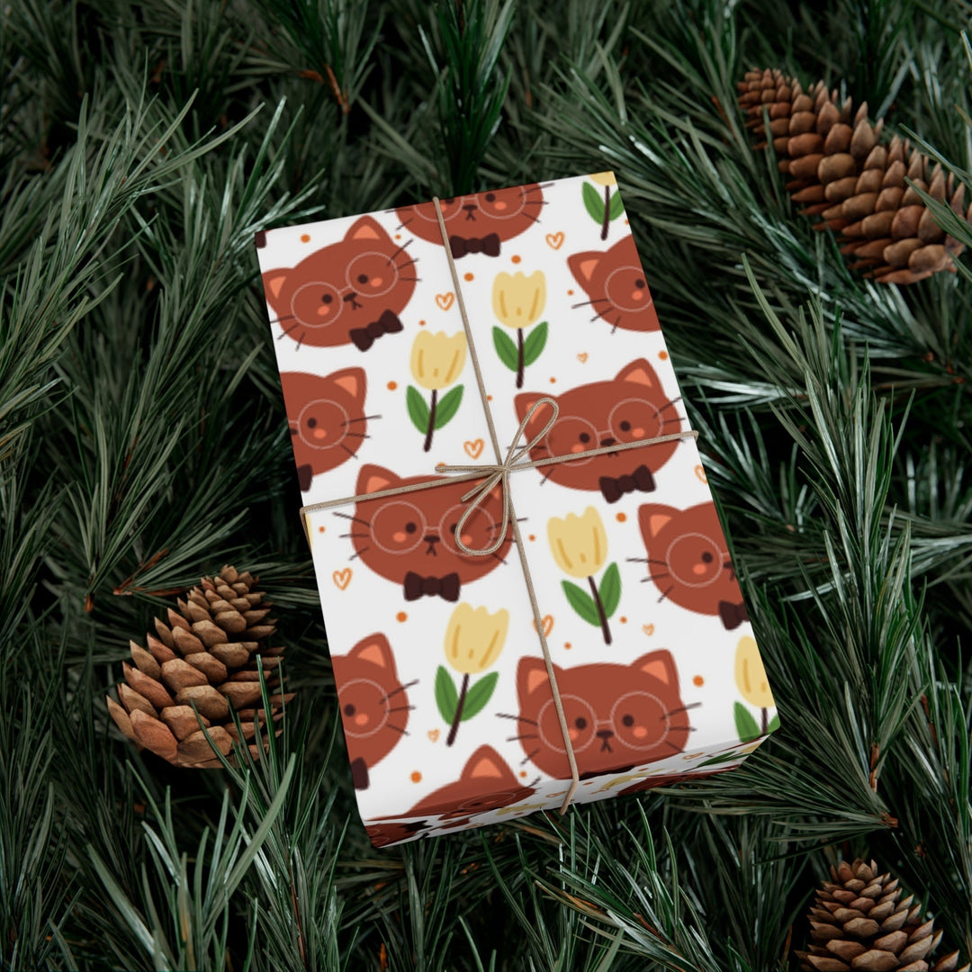 Brown Cat and Tulips Gift Wrap - Happy Little Kitty