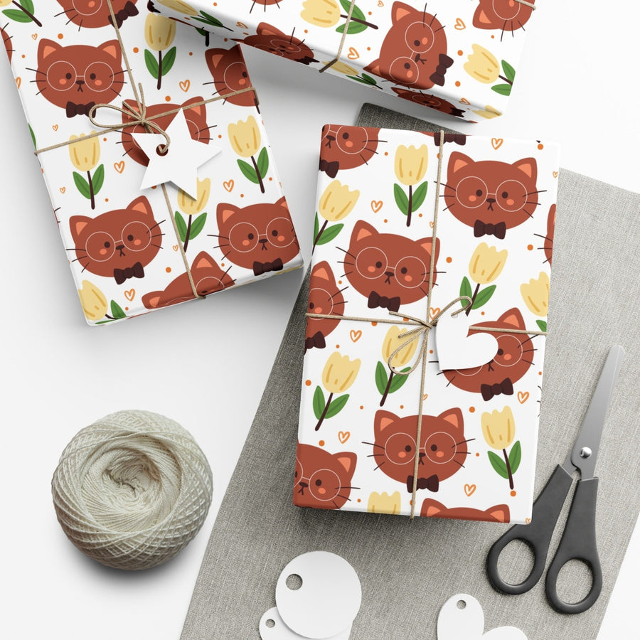 Brown Cat and Tulips Gift Wrap - Happy Little Kitty
