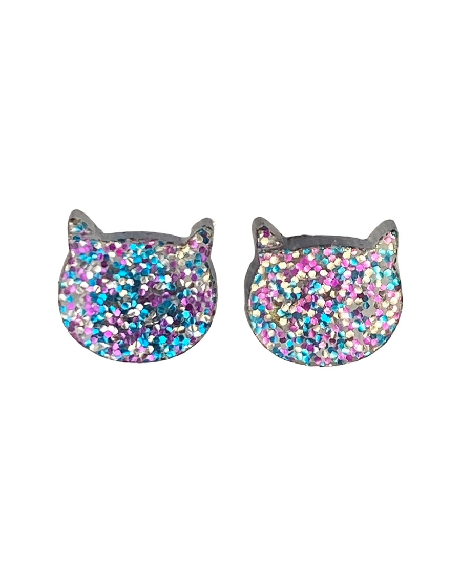 Glitter Cat Head Earring- Silver - Happy Little Kitty