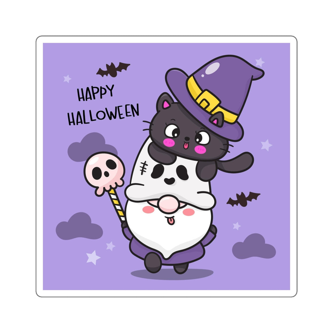 Halloween Cat and Gnome Square Sticker - Happy Little Kitty