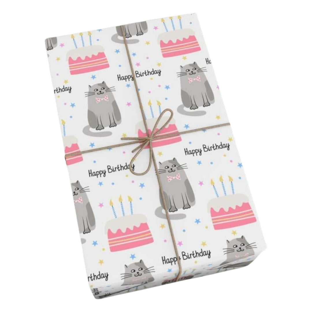 Happy Birthday Gray Cat Gift Wrap - Happy Little Kitty