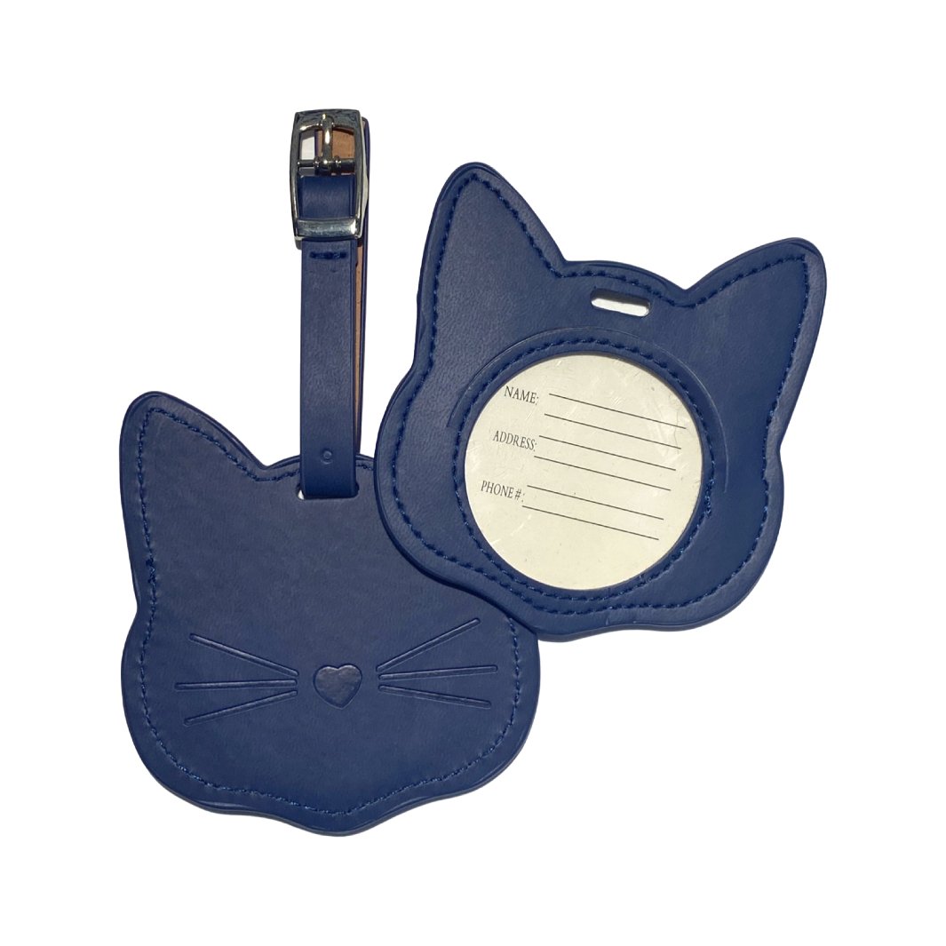 Leather Cat Luggage Tag- Blue - Happy Little Kitty