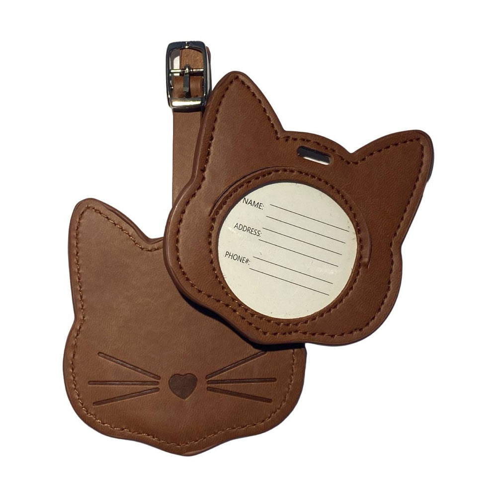 Leather Cat Luggage Tag- Brown - Happy Little Kitty