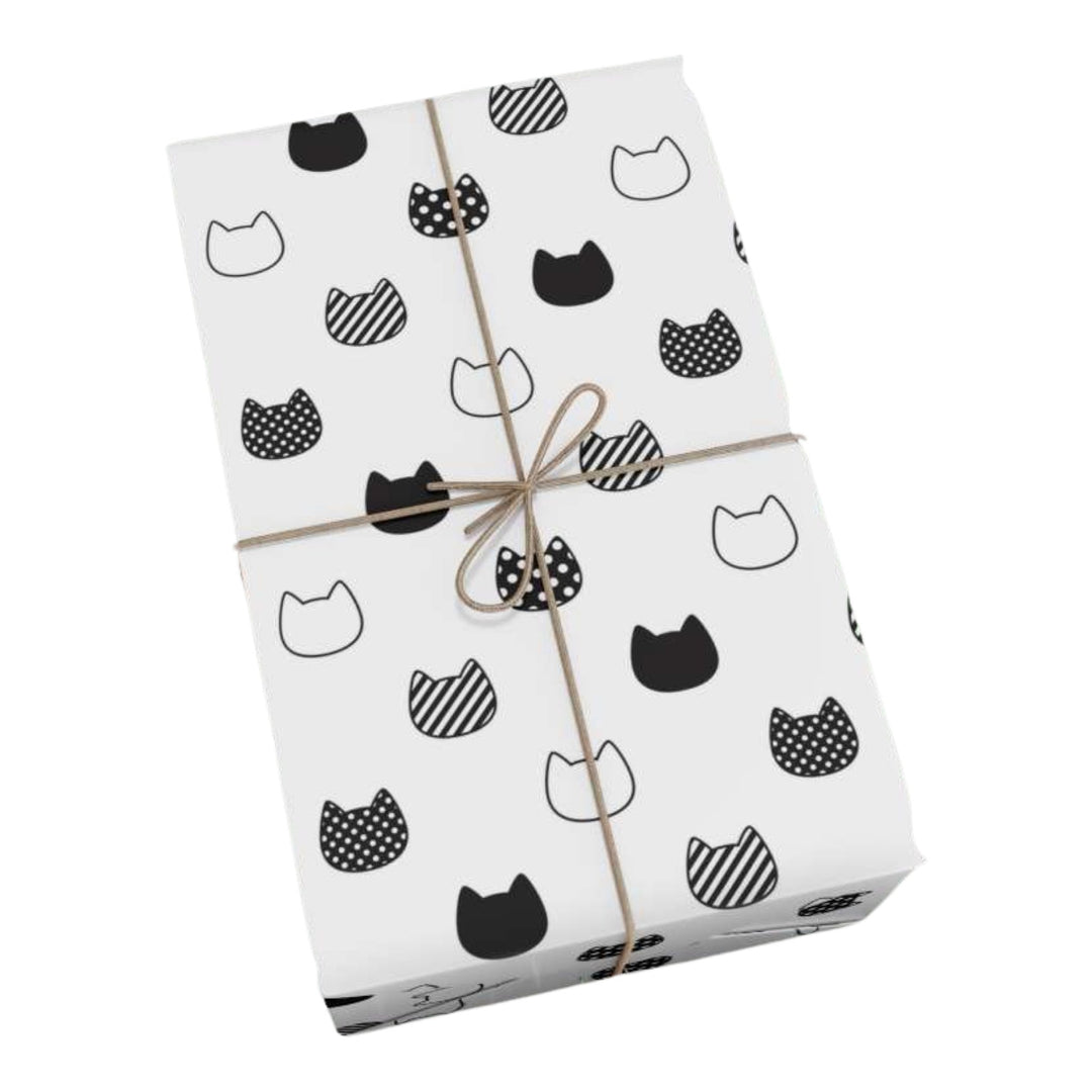 Patterned Black and White Cat Head Gift Wrap - Happy Little Kitty