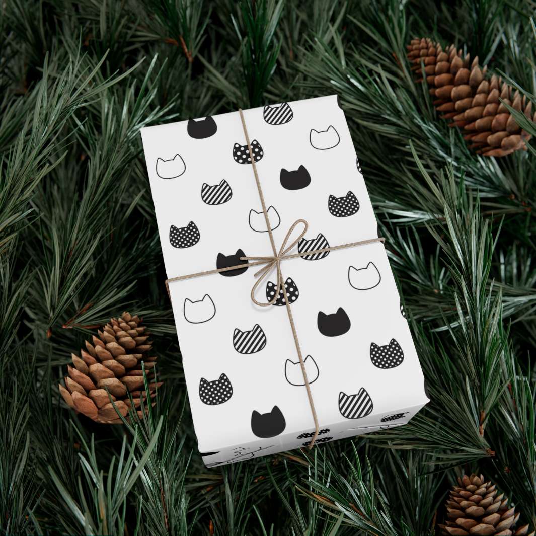 Patterned Black and White Cat Head Gift Wrap - Happy Little Kitty