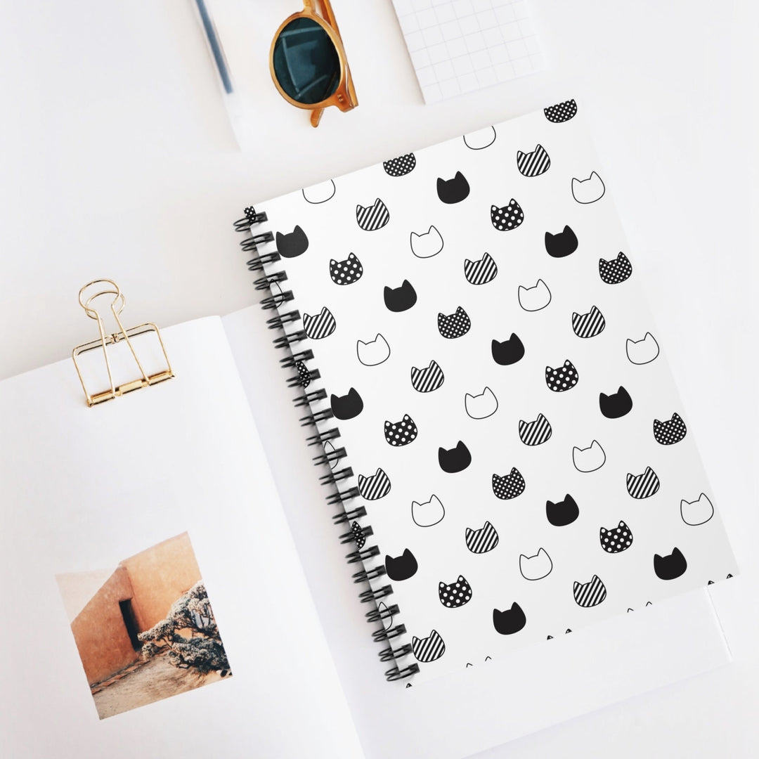 Patterned Black and White Cat Head Spiral Notebook - Ruled Line - Happy Little Kitty