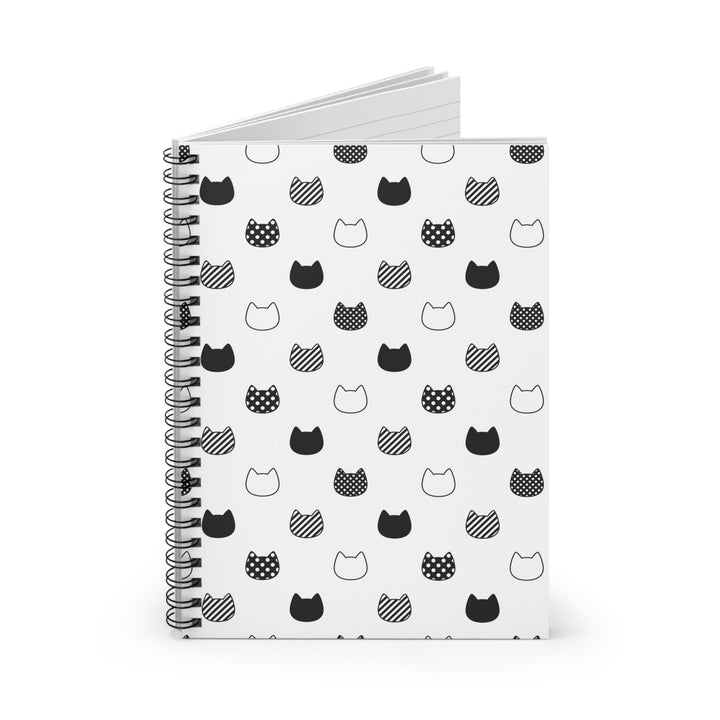 Patterned Black and White Cat Head Spiral Notebook - Ruled Line - Happy Little Kitty