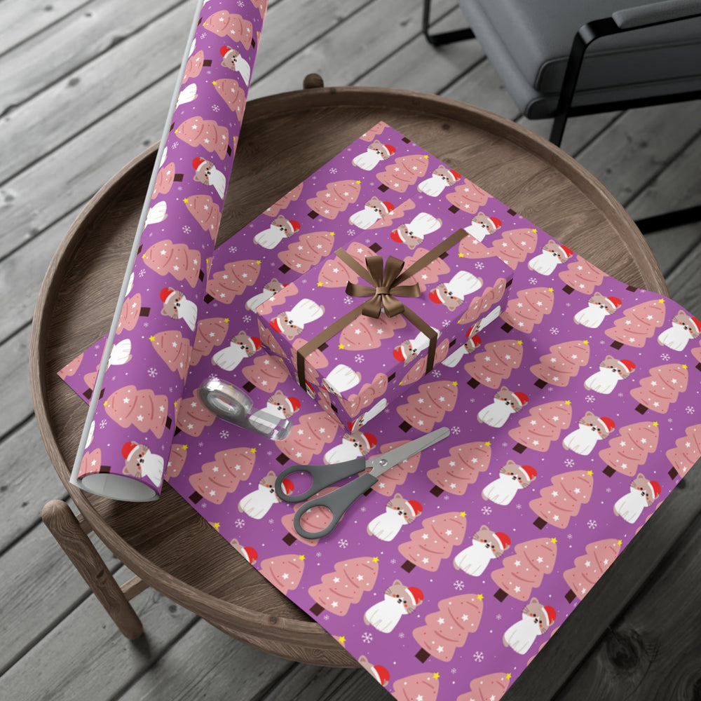Pink Christmas Tree Cat Gift Wrap - Happy Little Kitty