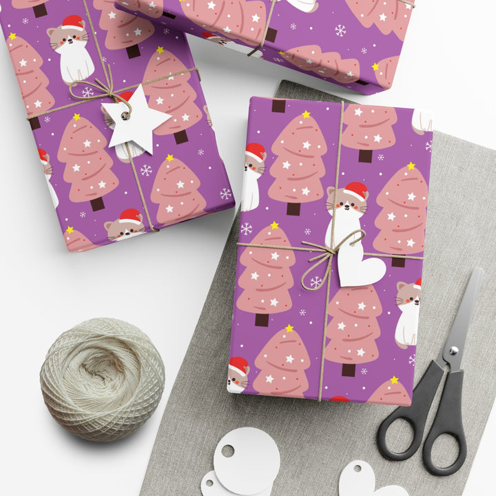 Pink Christmas Tree Cat Gift Wrap - Happy Little Kitty