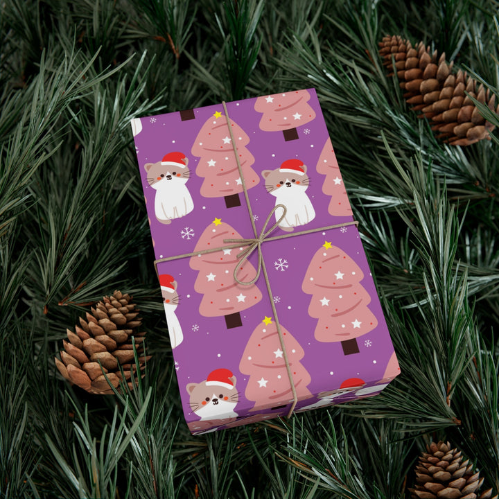 Pink Christmas Tree Cat Gift Wrap - Happy Little Kitty