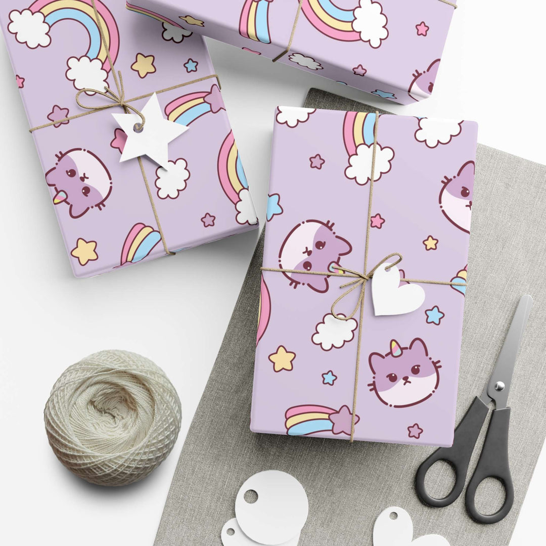 Purple Cats and Rainbows Gift Wrap - Happy Little Kitty