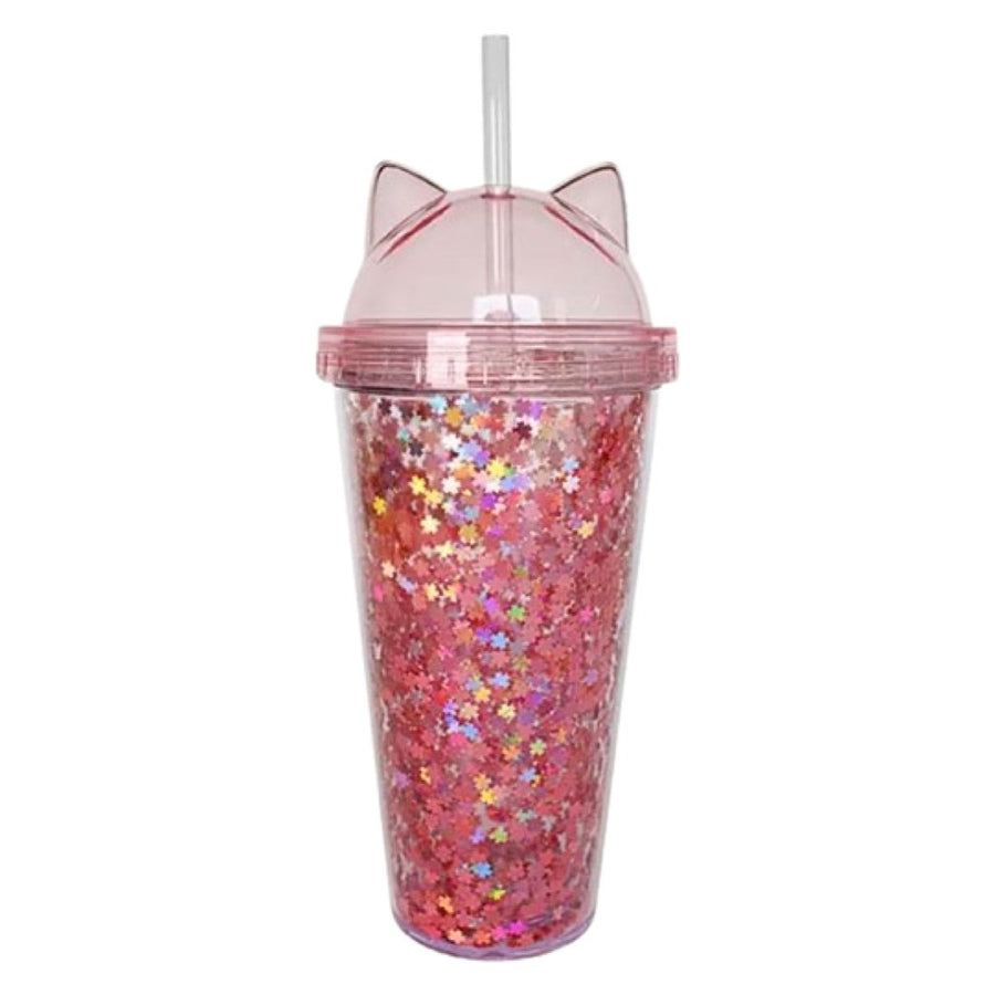 Sparkly Cat Cup with Straw- Pink - Happy Little Kitty