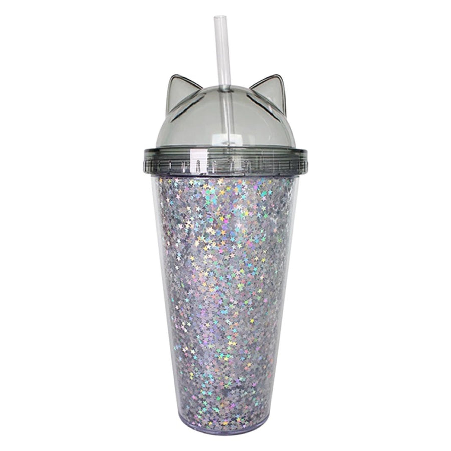 Sparkly Cat Cup with Straw- Silver - Happy Little Kitty