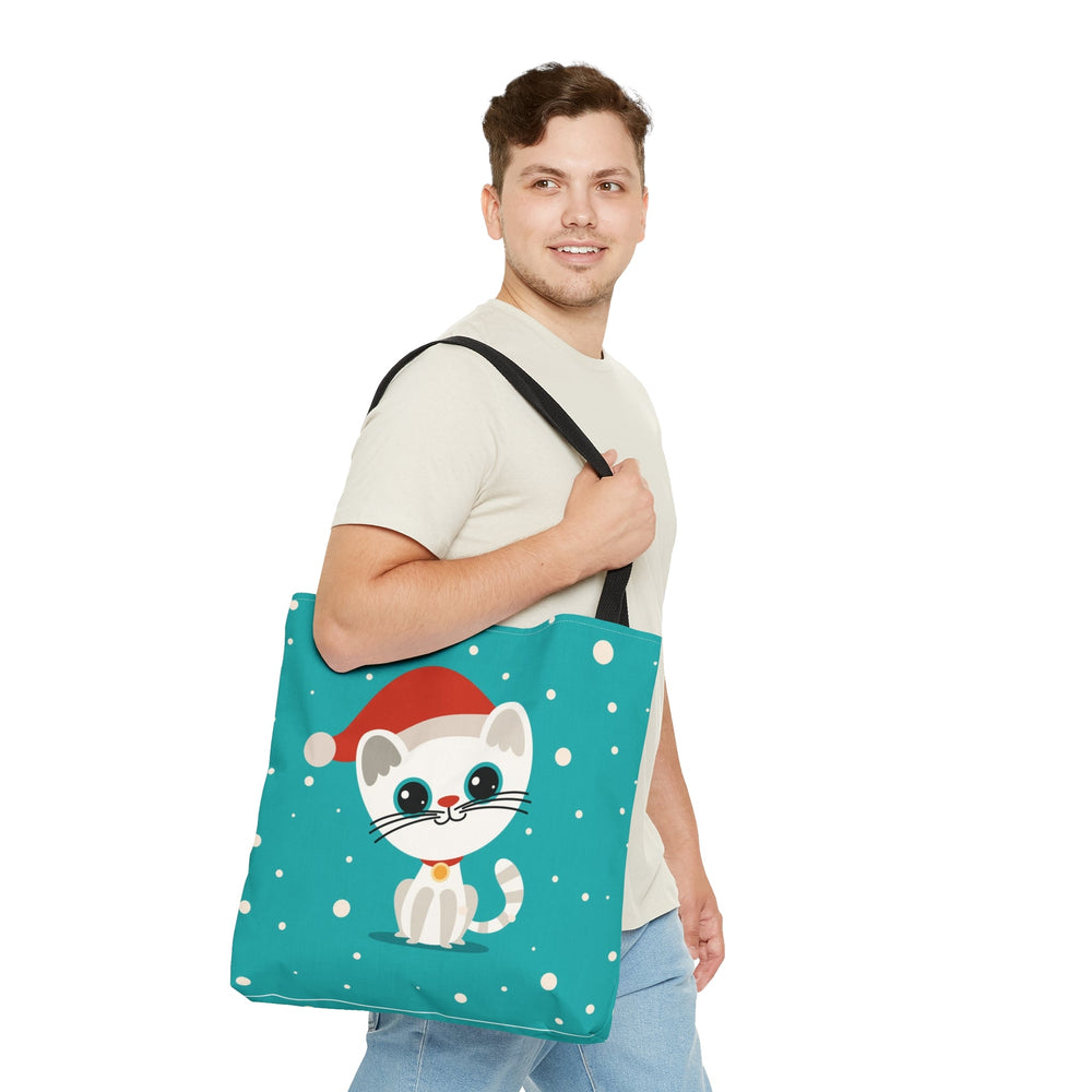 Teal Santa Cat Tote Bag - Happy Little Kitty